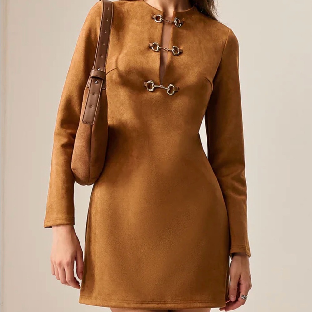 Chic faux suede Tan Long Sleeve Dress with Metal Accents